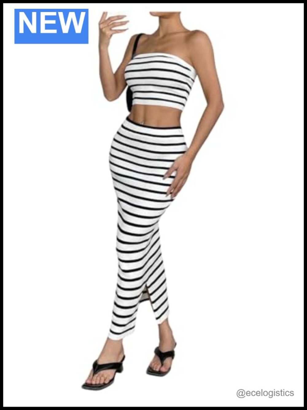 Striped Rib Knit Tube Top and Maxi Skirt 2 Piece Outfit Set
